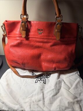 MCM Orange Leather Shoulder Bag with Brown Straps